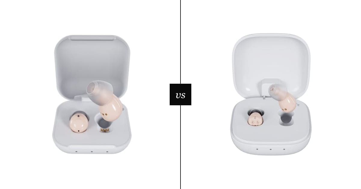 The Audien Atom Air hearing aids in their open charging case on the left and the Audien Atom One hearing aids in their open charging case on the right, split by a vs marker
