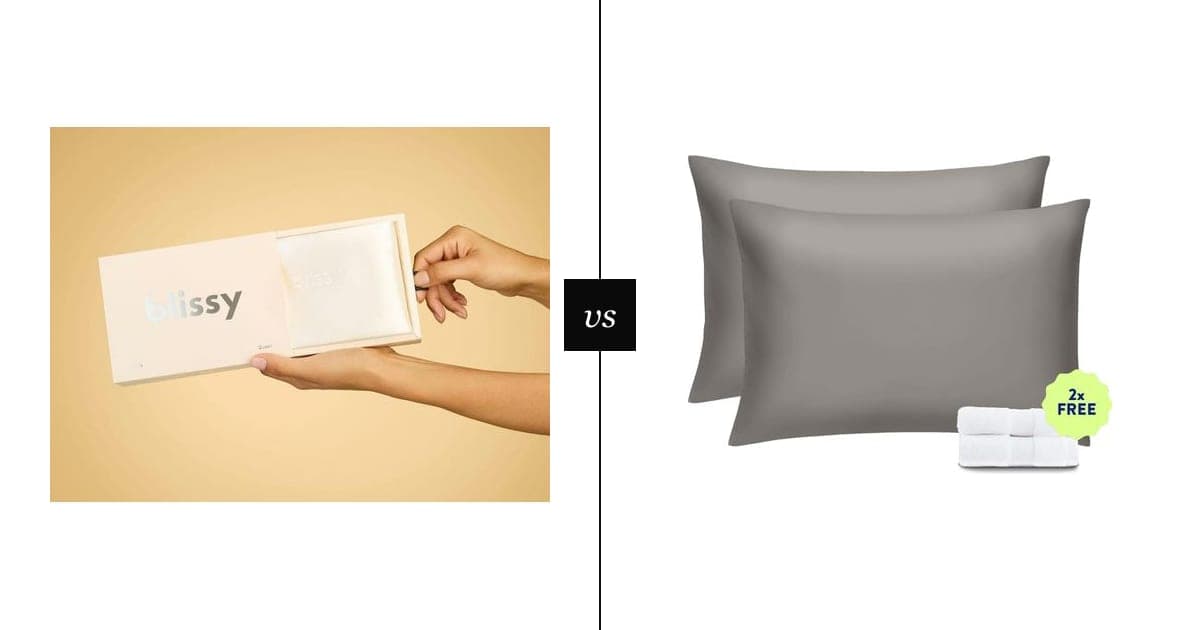 Hands sliding a white Blissy silk pillowcase out of its pink gift box on the left and two grey Miracle Made pillowcases with two free washcloths on the right, split by a vs marker