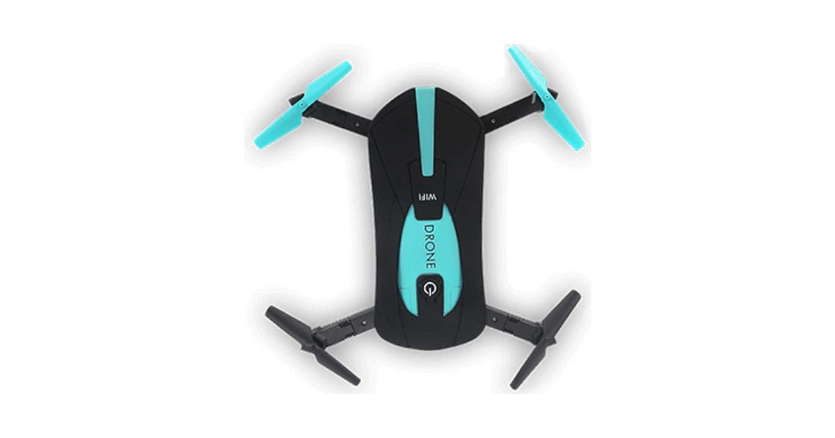 Black and teal DroneX folding pocket drone with its four arms and propellers unfolded, seen from above