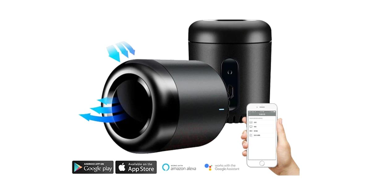 Black cylindrical HomeNETIX infrared hub beside a phone app, with Google Play, App Store, Alexa and Google Assistant logos