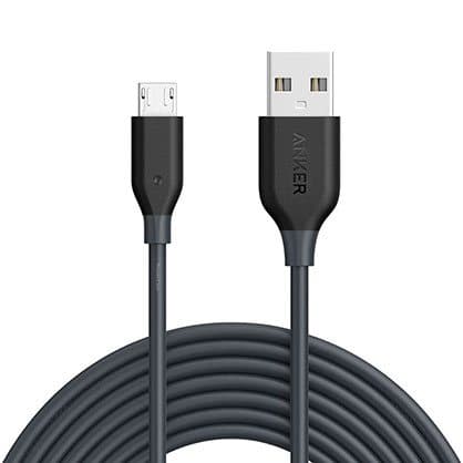 Coiled black USB to micro-USB cable from another brand, offered as the HomeNETIX USB Cable add-on