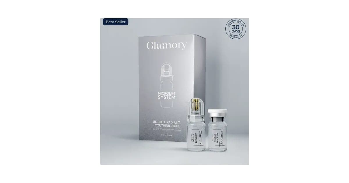 Glamory MicroLift System box with a serum vial and microneedle head beside it