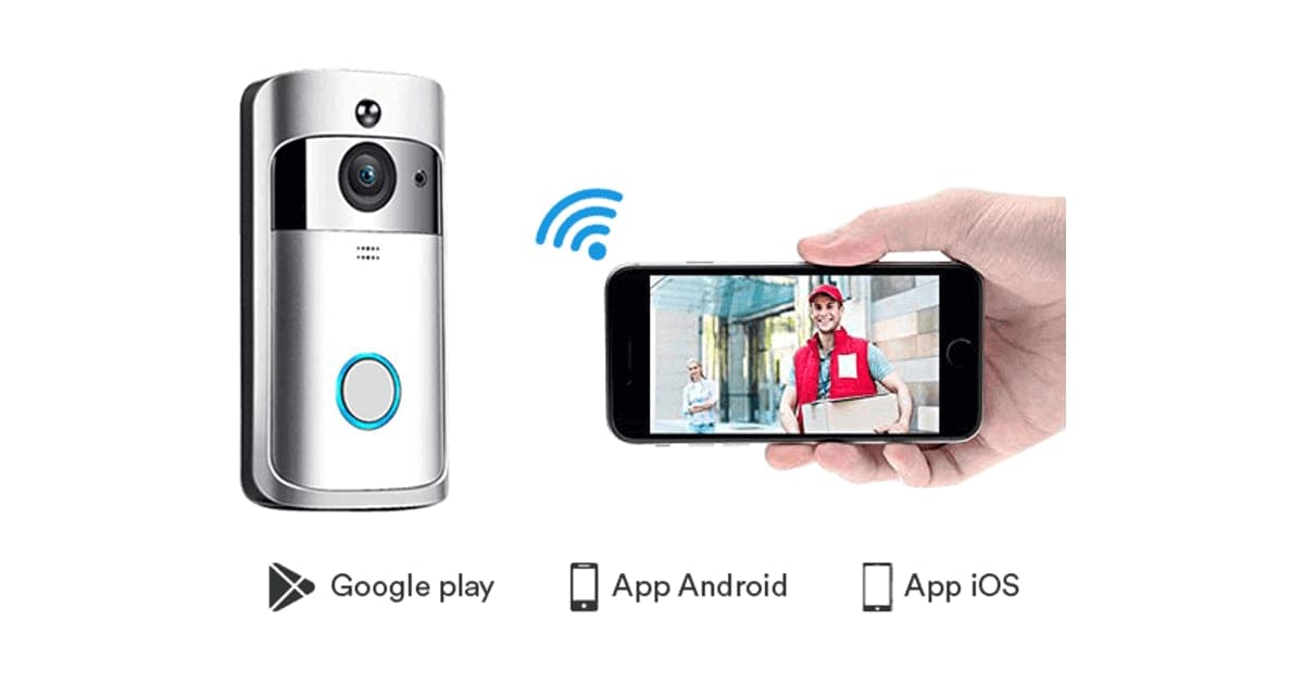 Silver Video DoorBell with a camera lens and ring-lit button next to a phone showing a delivery person at the door